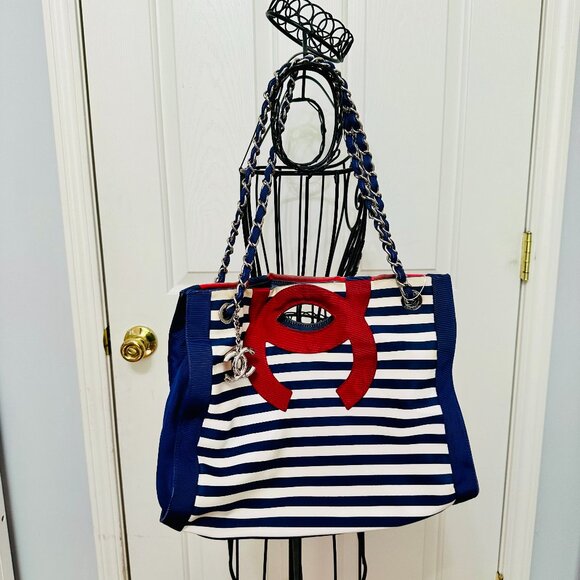 AUTHENTIC CHANEL CRUISE LINE CHAIN STRAP RED WHITE BLUE STRIPE RESORT VINTAGE - Picture 1 of 16